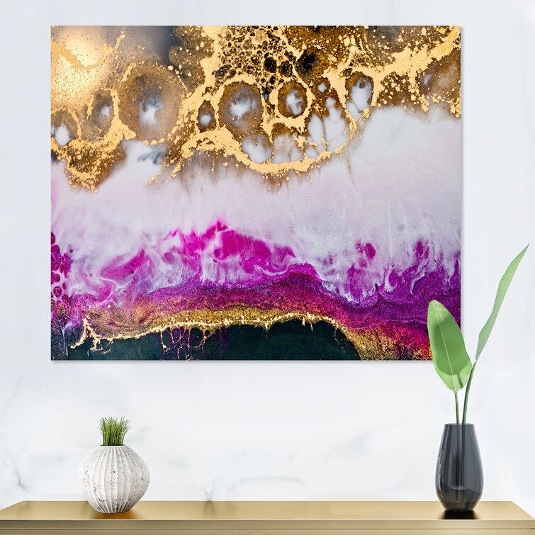 Gold White And Fuchia Epoxy Resin Art Painting on Canvas